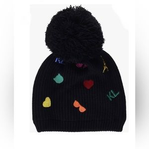 NWT Karl Lagerfeld Paris Multi Black Knit Beanie Pom Pom Hat